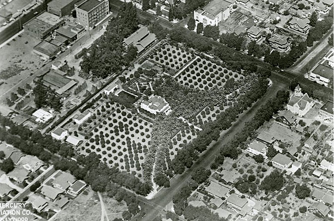 Historic aerial photograph of the Jacob Stern residence at the corner of Hollywood Blvd. and Vine Street
